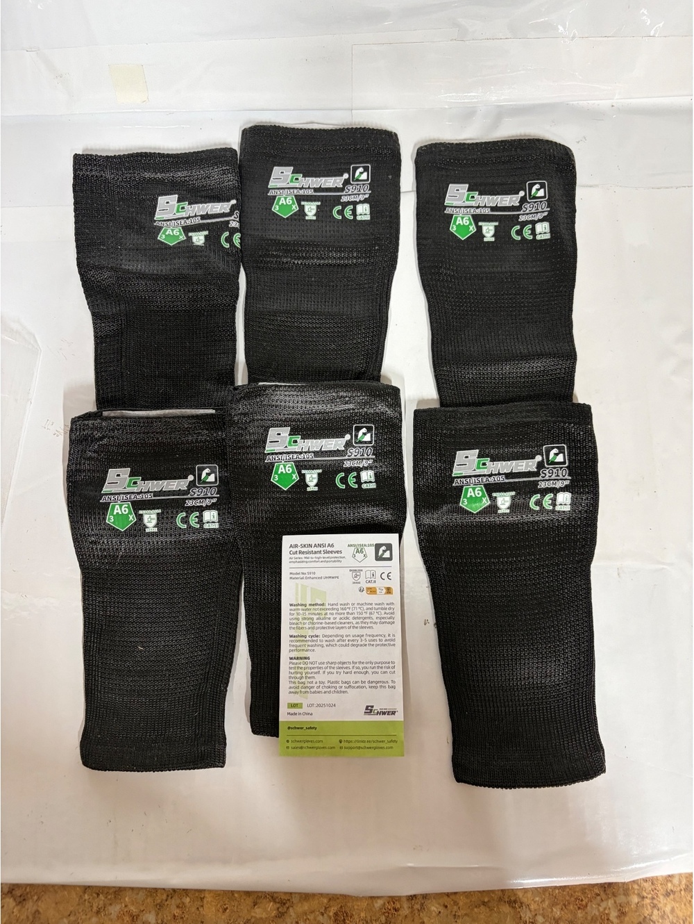 Schwer 3 Pairs AIR-SKIN ANSI A6 Cut Resistant Arm Sleeves, S910, 9in